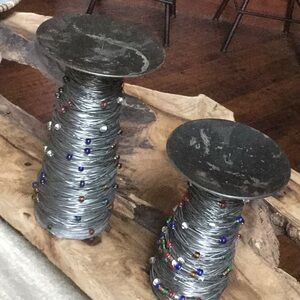 Holiday decor candle holder metal beaded decor shabby chic primitive cabin lodge